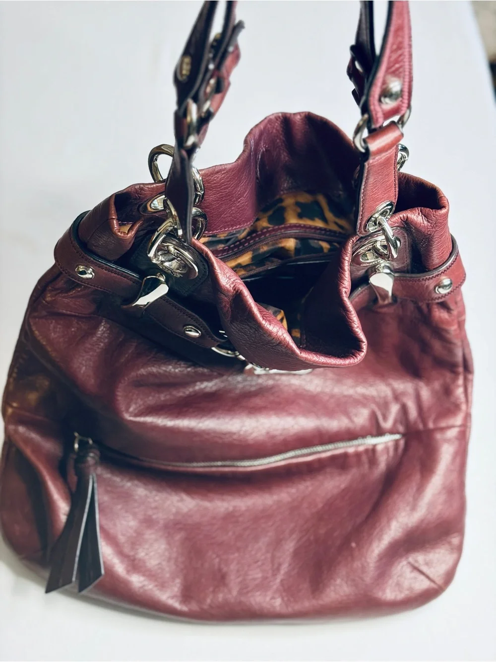 B. Makowsky VTG Plum Leather Slouchy Hobo Shoulder Bag Tote Silver Accent - EUC